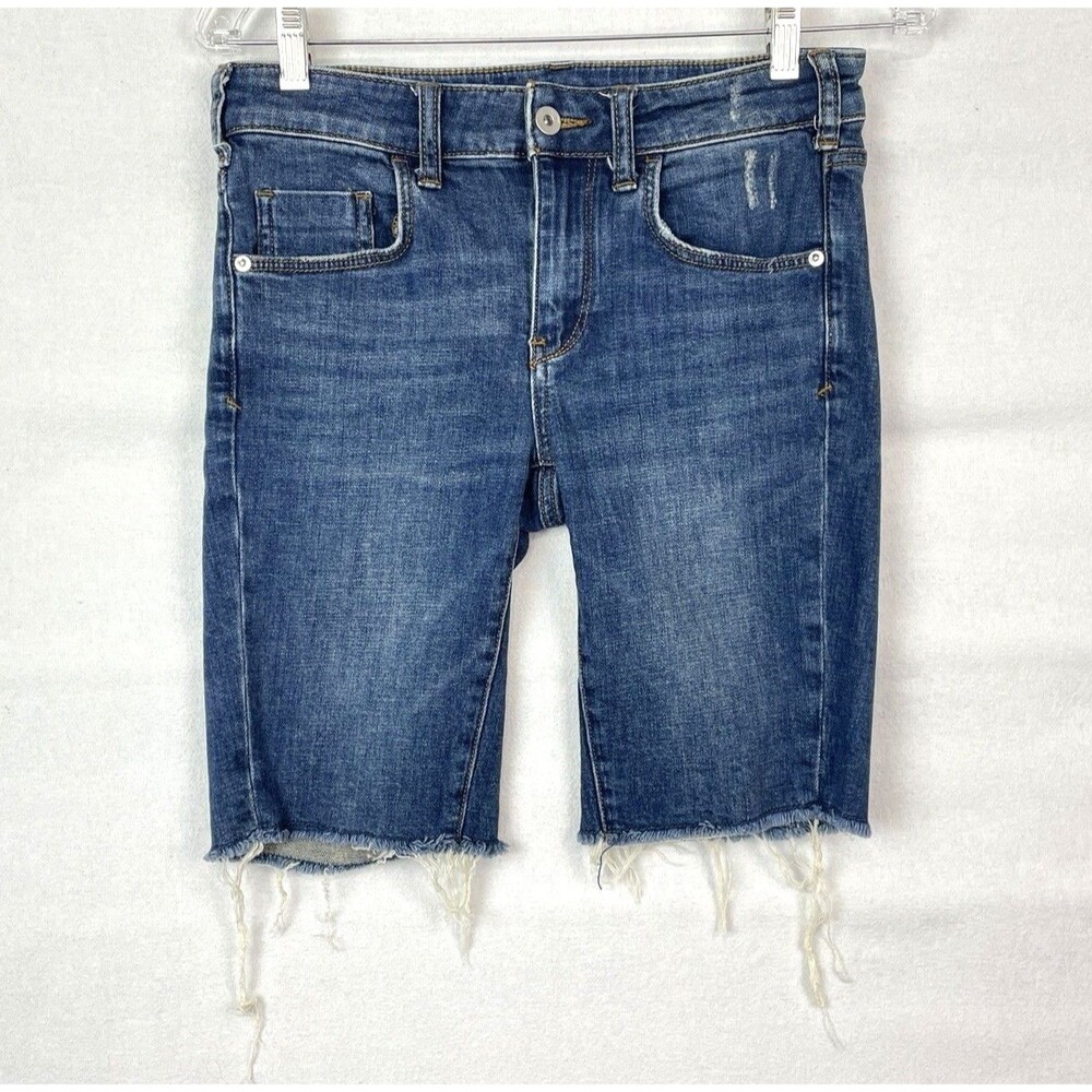Anthropologie Pilcro Women 28 Shorts High Rise Slim Bermuda Raw Hem Dark Wash